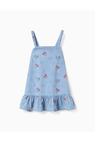 Ziddy Sleeveless Denim Dress With Minnie Motif For Baby Girls, Light Blue
