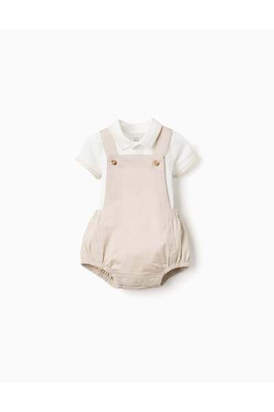 Ziddy Polo-Bodysuit + Twill Romper Set For Newborn Boys, White/Beige