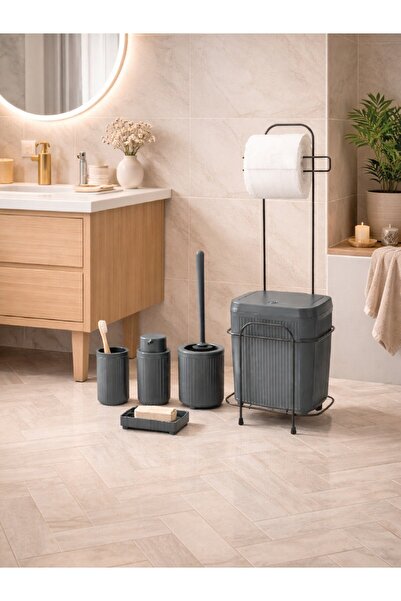 decorev Standlı Antrasit 5 Parça Click Kapaklı Banyo Seti DC-6804
