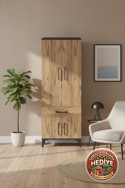 mobihobi Silva Dolap: 3 Raflı, 1 Çekmeceli, 4 Kapaklı Antrasit-Çam 60x30x163cm
