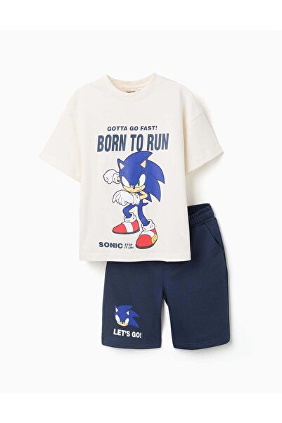 Ziddy Cotton T-Shirt And Shorts Set With Sonic Print For Boys, White/Blue