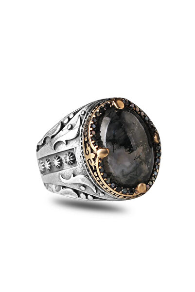 Mirari Jewelry Yosun Akik Taşlı Oval Kesim Doğal Desenli Erkek Yüzük | Premiu...