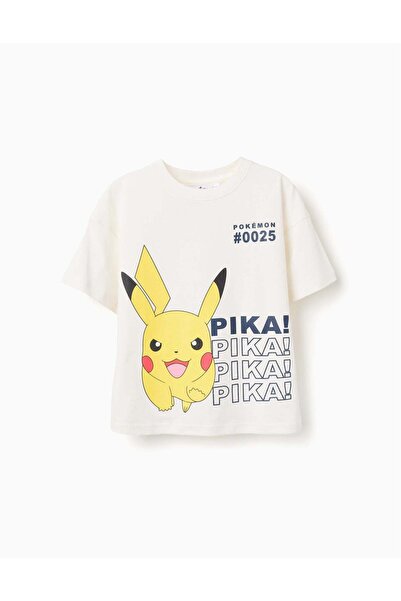 Ziddy Cotton T-Shirt With Pikachu Front Print For Boys, White