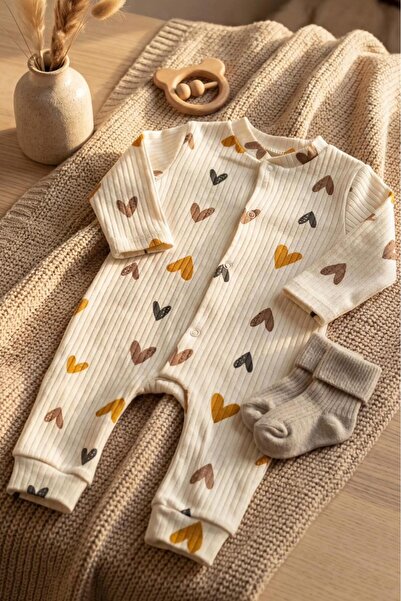Zıbzıb baby %100 Pamuk Yenidoğan Kalp Baskılı Çıtçıtlı Bebek Tulum Hastane Çı...