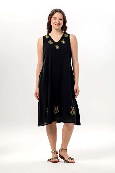 Eliş Şile Bezi Αμάνικο φόρεμα με λαιμόκοψη V και κέντημα, καλοκαιρινό υφασμάτ...