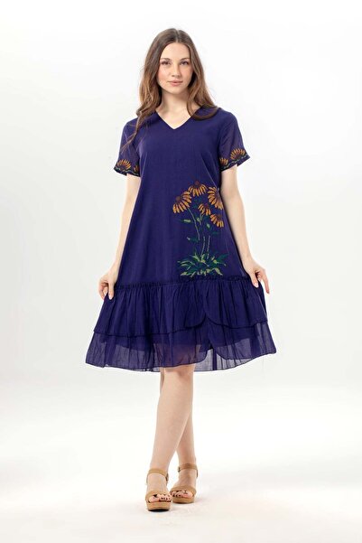 Eliş Şile Bezi Κοντομάνικο φόρεμα Dilek Voile με λαιμόκοψη V, καλοκαιρινό, με...