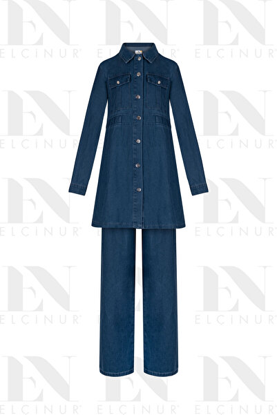 ELÇİNUR 26353 Denim Jeans Tunic Trousers Set – Modern Hijab Set with Buttoned...