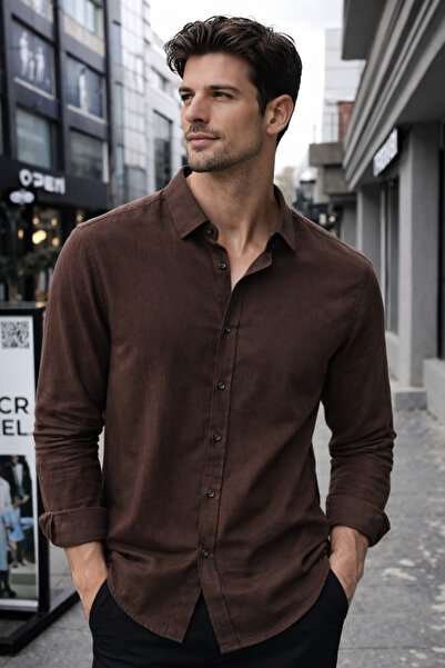 EMPEROR APPAREL Erkek Kahverengi Uzun Kollu Flam Keten Gömlek
