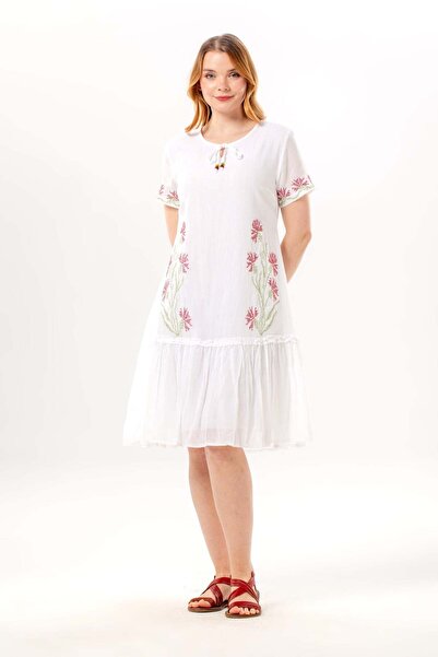 Eliş Şile Bezi Κοντομάνικο φόρεμα με κορδόνια, λαιμόκοψη V, κεντημένο, καλοκα...