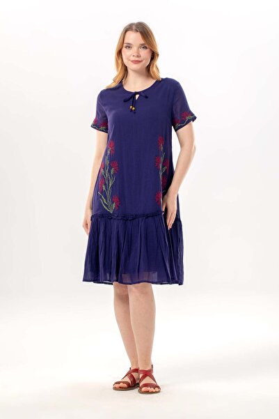 Eliş Şile Bezi Κοντομάνικο φόρεμα με κορδόνια, λαιμόκοψη V, κεντημένο, καλοκα...