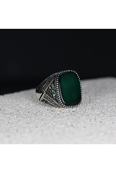 Mirari Jewelry Yeşil Akik Taşlı Oval Kesim Osmanlı Motifli Erkek Yüzük | Prem...
