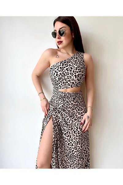 Butik Yırtmaçlı Leopar Elbise
