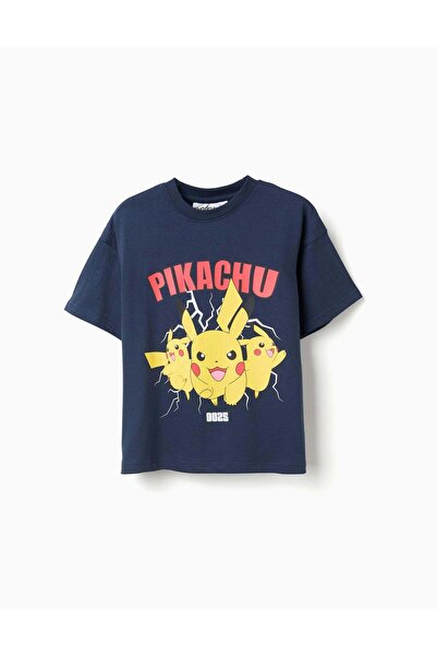 Ziddy Cotton T-Shirt With Pikachu Front Print For Boys, Dark Blue