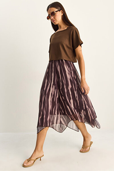 Bianco Lucci Women's Crop T-Shirt Detailed Lined Strap Chiffon Midi Dress 613...