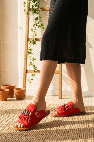 Moda Değirmeni Red Suede Women's Beaded Tassel Slippers Md1001-122-0006