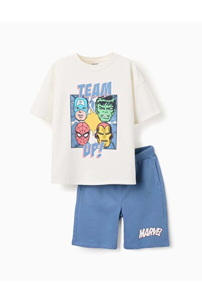 Ziddy Cotton T-Shirt And Shorts Set With Avengers Print For Boys, White/Blue