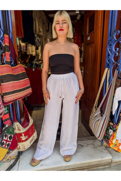 Miss Boheme White Color Casual Linen Trousers with Elastic Waist