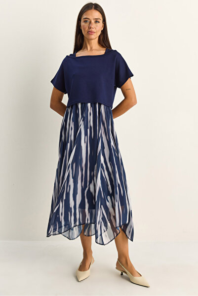 Bianco Lucci Women's Crop T-Shirt Detailed Lined Strap Chiffon Midi Dress 613...