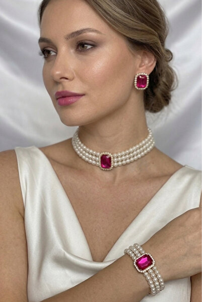 Happyline Pearl Fuchsia Baguette Stone Gold Plated Glass Pearl Choker Necklac...