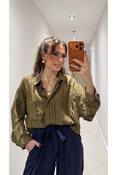 Duya Butik HAKİ-LACİVERT ÇİZGİLİ OVERSIZE GÖMLEK
