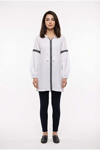 Eliş Şile Bezi تونيك صيفي بأكمام طويلة ورباط على شكل حرف V من قماش الشيلي بال...