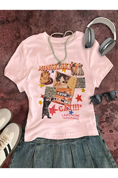 Touz Moda Κοντή Μπλούζα με Ζώνη, Ρετρό, Μονσκίσκι, Στυλ CatCrop