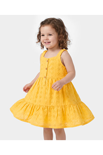 Bonfino Woven Sleeveless A Line Schiffli Frock - Yellow