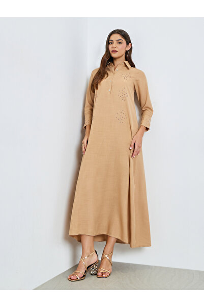 Amirah By Styli Beige Embellished Jalabiya with Half Placket