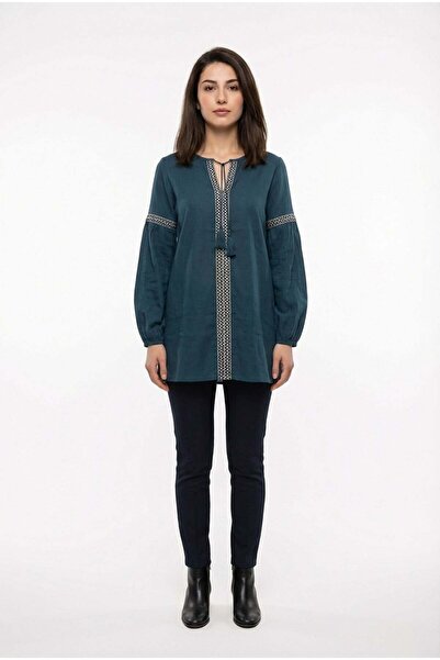 Eliş Şile Bezi Μακρυμάνικο με κορδόνια και λαιμόκοψη V, καλοκαιρινό υφασμάτιν...