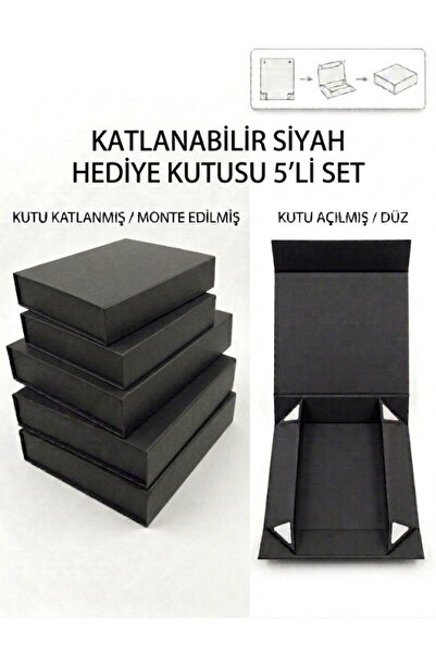 Katlanabilir Mıknatıslı Hediye Kutusu Siyah Premium Mukavva Sunum Küçük Siyah 243x213x55 mm 5 Adet