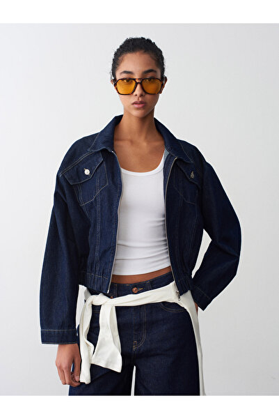 Dilvin 65385 %100 Pamuk Bomber Kot Ceket-Mavi