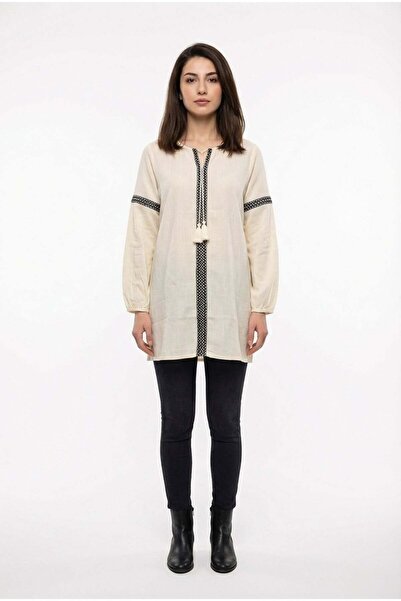 Eliş Şile Bezi تونيك صيفي بأكمام طويلة ورباط على شكل حرف V من قماش الشيلي كري...