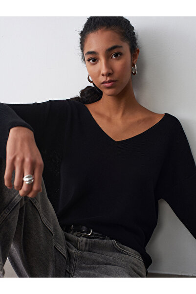 Dilvin 10869 Πουλόβερ με λαιμόκοψη V και ντραπέ σχέδιο - Μαύρο