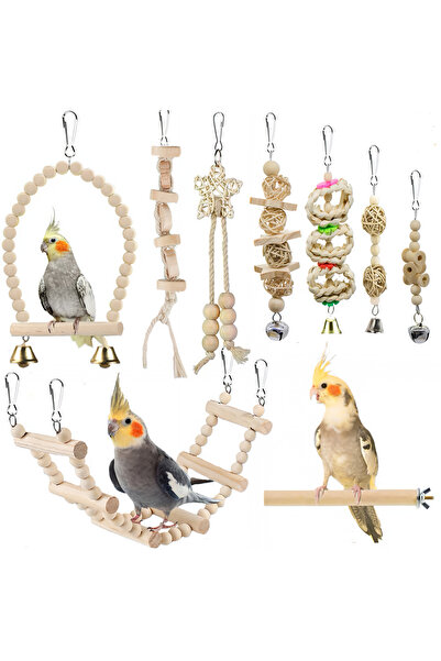 Generic 9 CPS Natural Wood Bird Cage Toys Set, Hanging Chew Swing and Climbin...