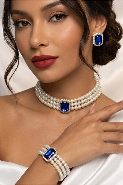 Happyline İncili saks mavi baget taşlı gold kaplama inci choker kolye tasarım...