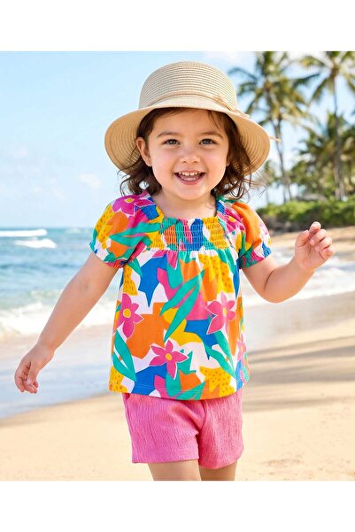 Babyhug طقم بلوزة وشورت بأكمام منتفخة جزئياً ونسيج مجعد مع طباعة زهور وتطريز ...