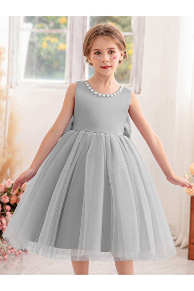 Take Two By Styli Girls Pearl Decor Bow Tie Deep V-Back Princess Party Dress