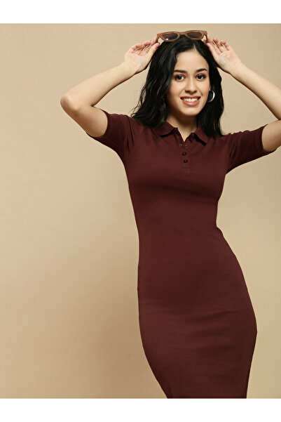 ECOLORE By Styli Brown Plain Short Sleeve Polo T-Shirt Dress