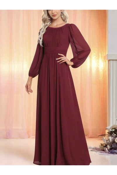 Take Two By Styli Burgundy Solid Puff Sleeves A-Line Maxi Dress