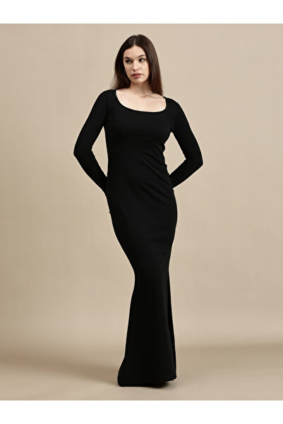 ECOLORE By Styli Black Solid Square Neck A-Line Maxi Dress