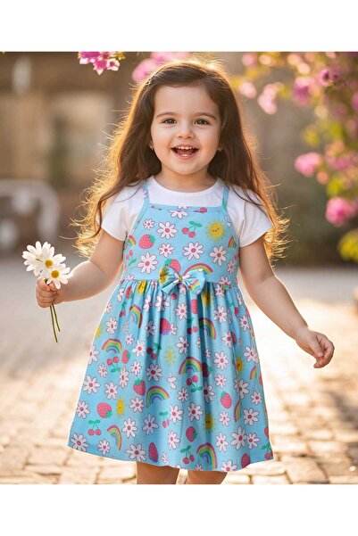 Babyhug فستان مطبوع بالزهور مع تطريز على شكل فيونكة وقميص داخلي - أزرق فاتح و...