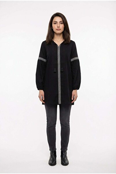 Eliş Şile Bezi تونيك صيفي بأكمام طويلة ورباط على شكل حرف V من قماش الشيل بالل...