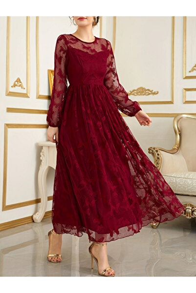 Take Two By Styli Burgundy Butterfly Embroidered Illusion Neck A-Line Midi Dress