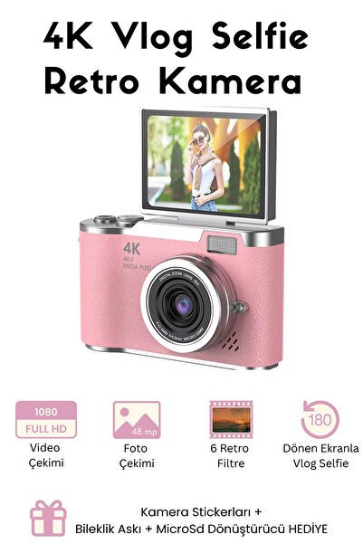 RoseandRoses Sticker Hediyeli Retro Kamera Dönen Ekran Flaşlı Selfie Video Vl...