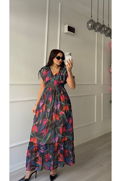 Daves Tropical Bird Pattern Black Chiffon Long Women Dress