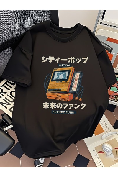 Touz Moda Ρετρο-φουτουριστικό μπλουζάκι με στάμπα City Pop, unisex, oversized