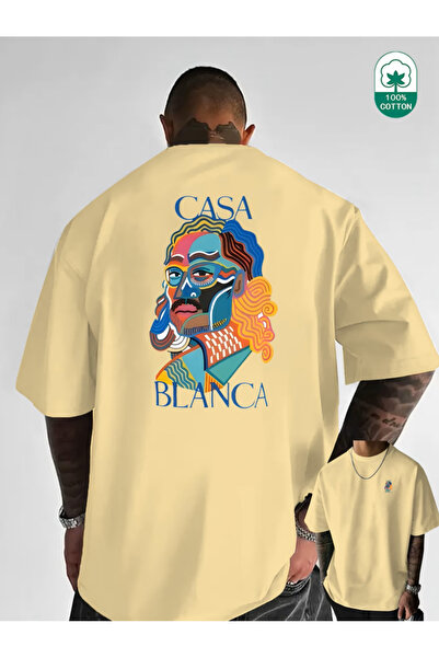 MAVİ YILDIZ CASABLANCA Baskılı Oversize Pamuklu Bisiklet Yaka T-Shirt tshirt