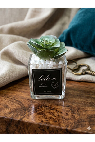 Decorative Succulent green – Artificial Flower Candle with Stone in Glass Flower Pot | Modern Home Decor & Gift