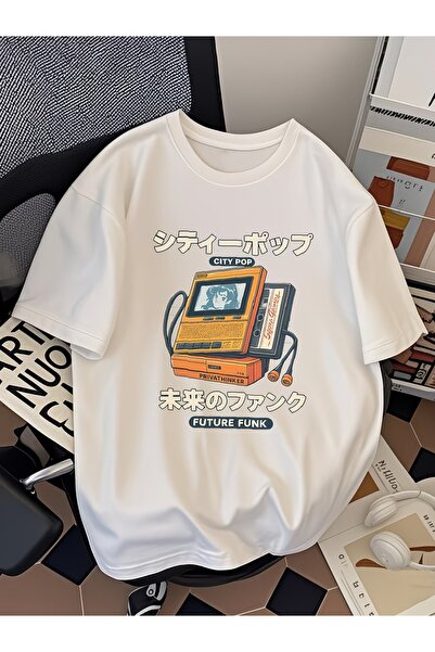 Touz Moda Ρετρο-φουτουριστικό μπλουζάκι με στάμπα City Pop, unisex, oversized