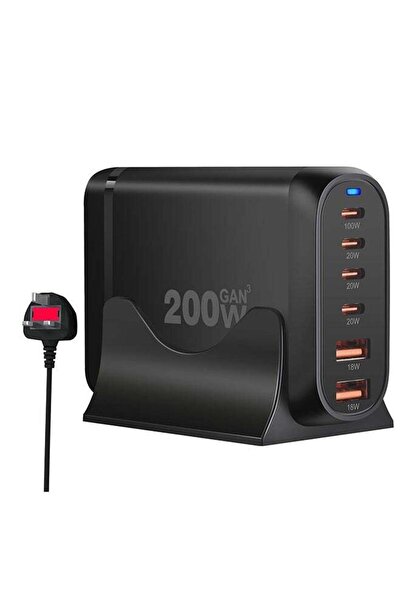 Arabest شاحن USB-C بقوة 200 واط، محطة شحن سريعة 6 في 1 بتقنية GaN، 4 منافذ Ty...